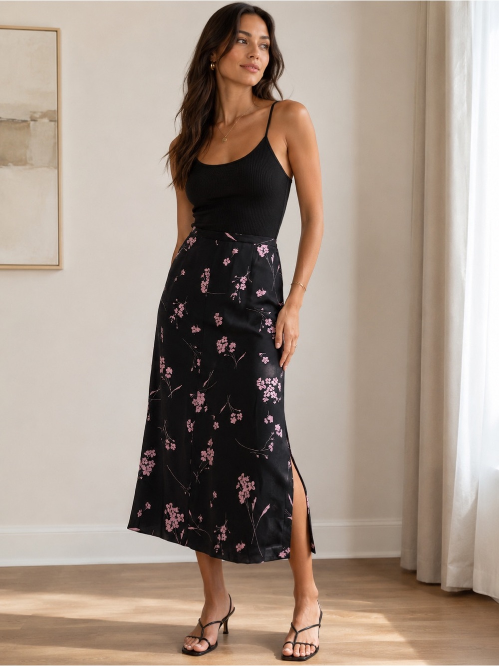 Silk Cherry Blossom Midi Skirt
